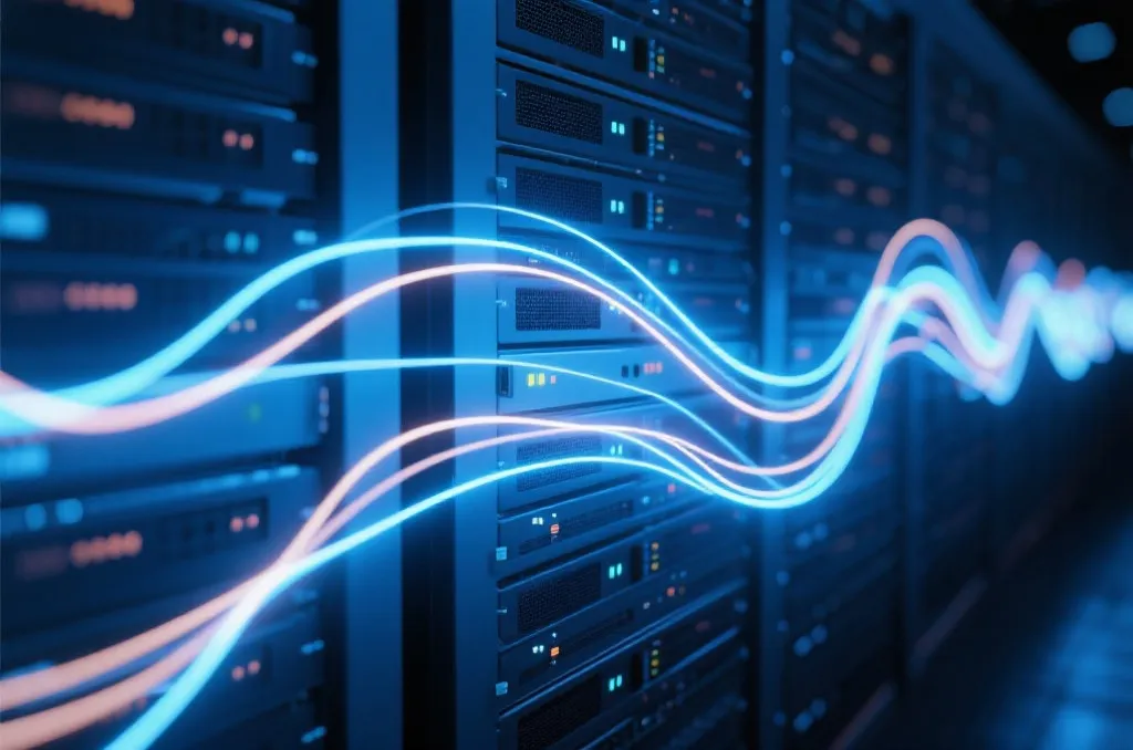 An abstract digital visualization of fast network pathways, glowing light lines flowing through a dark blue server background, representing high speed data transmission
